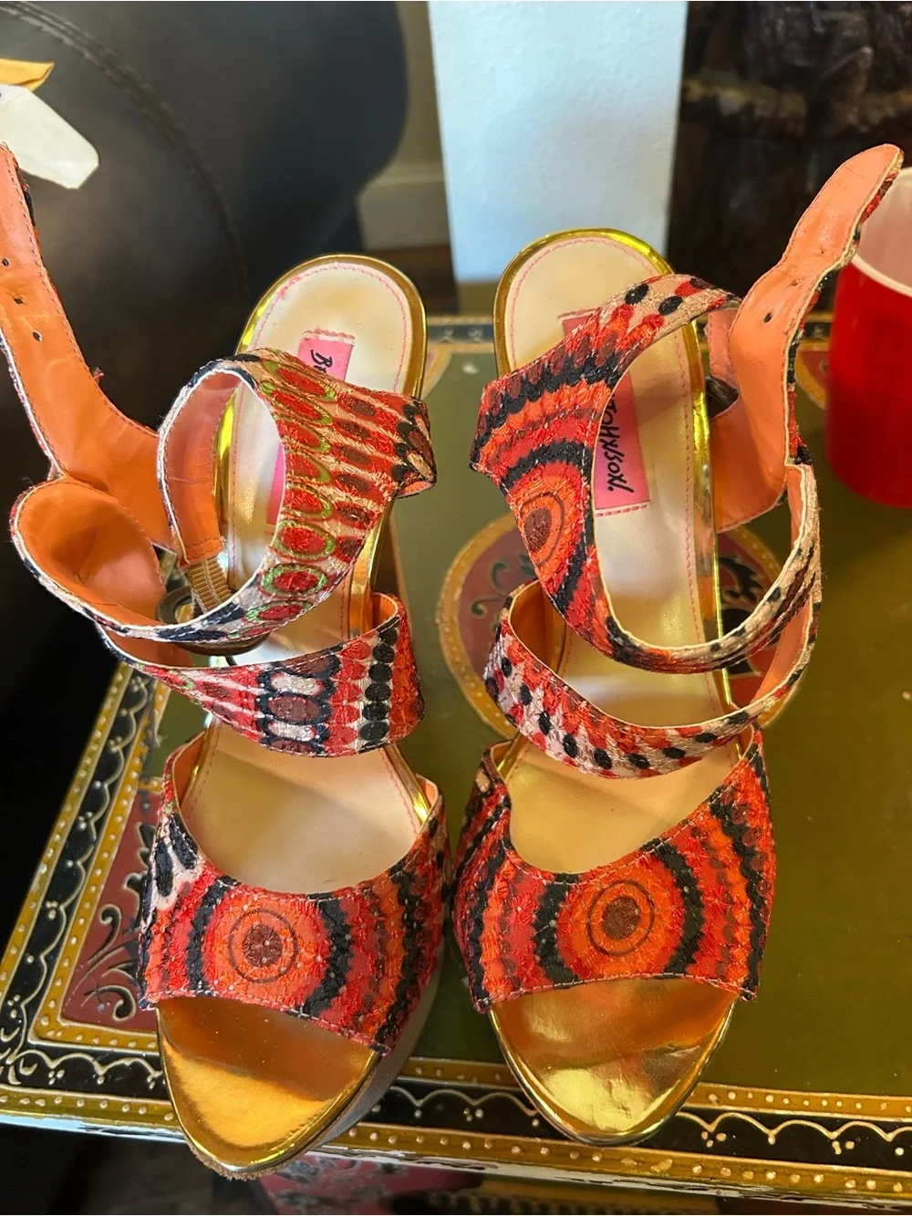 Betsey Johnson Red and Gold Patterned Platform Strappy Heels